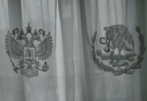 Тюль с вышитыми гербами России и Мексики - 009.